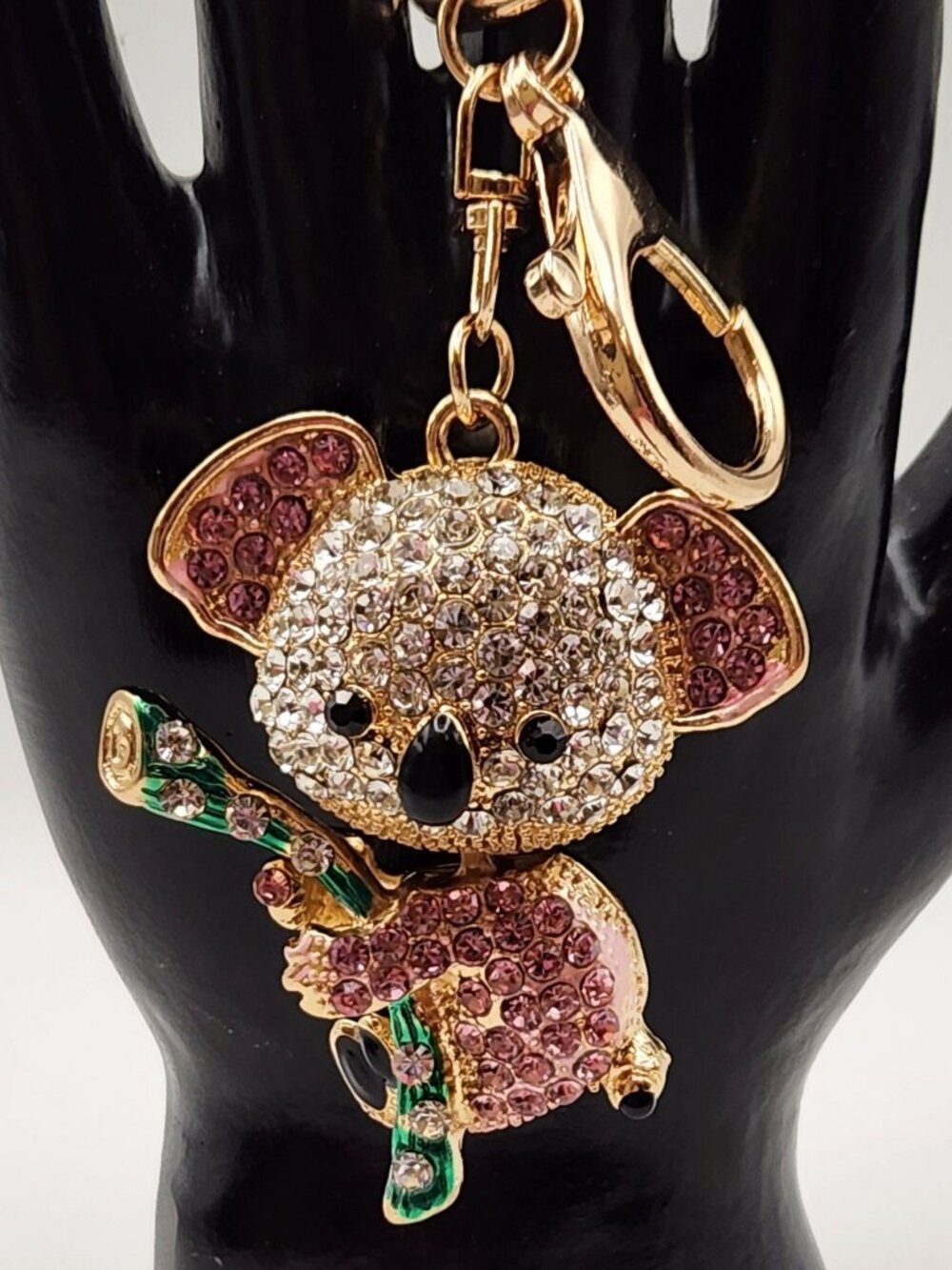Koala keychain 3D swivel head pink white faux crystal gold tone NIP